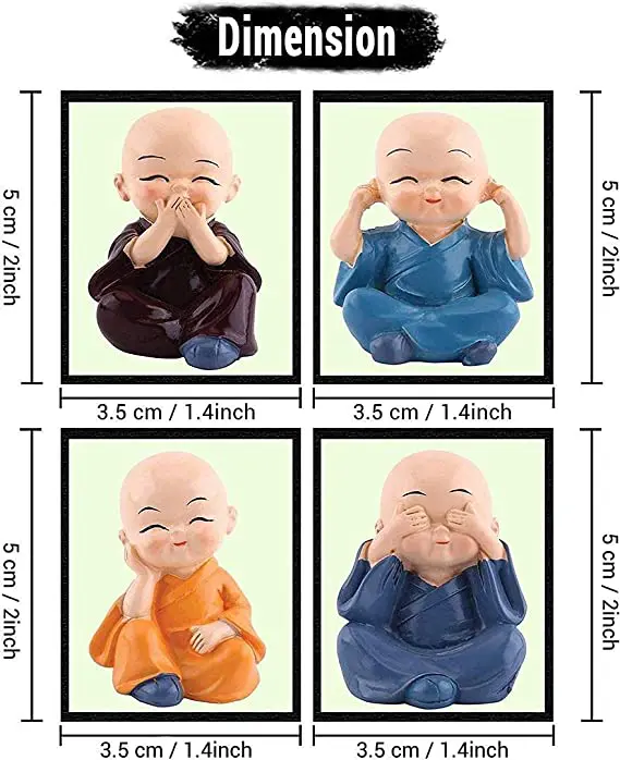 Pots & Plants Set of 4 Resin Decorative Buddha Monk Showpiece- Small Figurine for Home, Made in India Product (Multicolour)