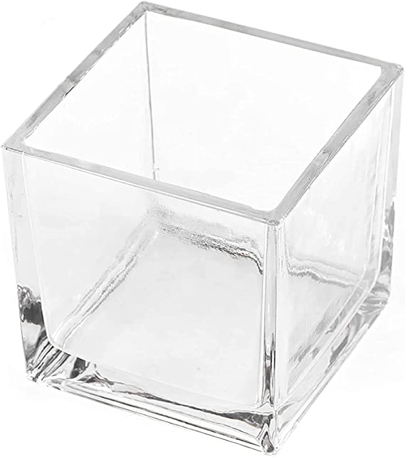 POTS and Plants Clear Glass Cube Vase 4"x4"x4" | Square Wedding Flower Vase Centerpieces | Cubic Glass Candle Holder