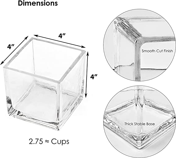 POTS and Plants Clear Glass Cube Vase 4"x4"x4" | Square Wedding Flower Vase Centerpieces | Cubic Glass Candle Holder